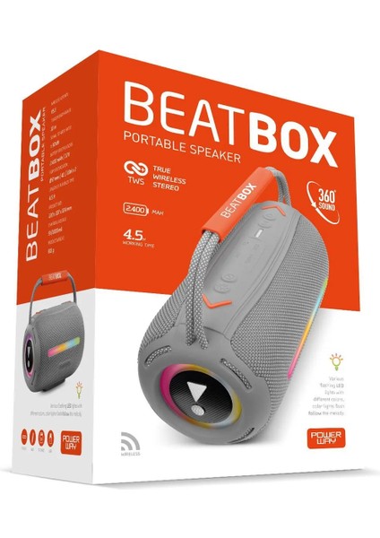 Gri Beatbox LED Işıklı Ses Bombası USB Sd Aux Fm Radyo Bluetooh Hoparlör