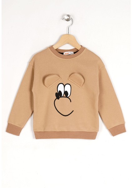 Bisiklet Yaka Uzun Kol Bej Renk Kız Çocuk Sweatshirt