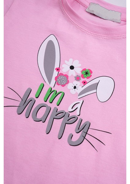 Bisiklet Yaka Kısa Kol I Am A Happy Yazı Baskılı Tavsan Kulaklı Pembe Renk Kız Çocuk Taytlı Takım modelleri