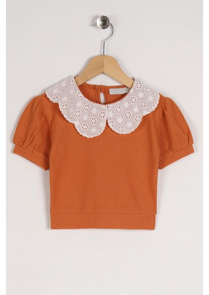 Bebe Yaka Dantelli Mini Kareli Kiremit Renk Kız Çocuk Tshirt