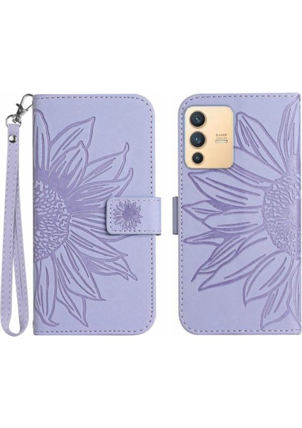 Kart Yuvaları Tutucu Flip Cüzdan ile Vivo V23 5g Kabartmalı Ayçiçeği Için Kılıf (Yurt Dışından)