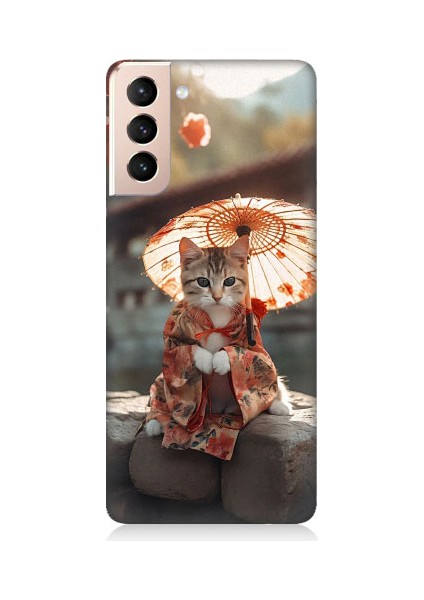 Samsung Galaxy S21 Uyumlu Geyşa Kıyafetli Kedi Desenli Silikon Kılıf