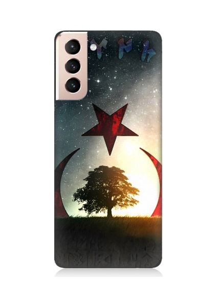 Samsung Galaxy S21 Uyumlu Göktürkçe Türk ve Ağaç Bayrak Desenli Silikon Kılıf