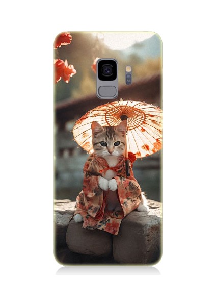 Samsung Galaxy S9 Uyumlu Geyşa Kıyafetli Kedi Desenli Silikon Kılıf