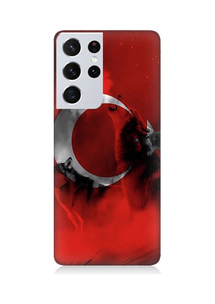 Samsung Galaxy S21 Ultra Edition Uyumlu Türk Bayrağı ve Kurt Desenli Silikon Kılıf