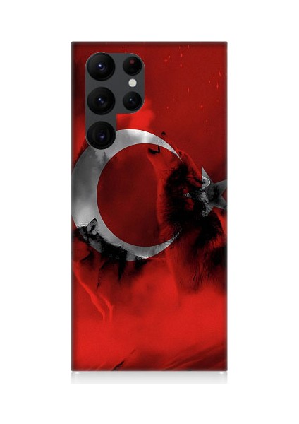 Samsung Galaxy S22 Ultra Uyumlu Türk Bayrağı ve Kurt Desenli Silikon Kılıf