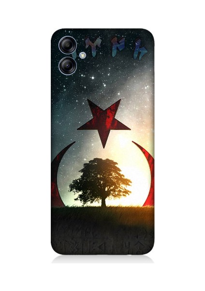 Samsung Galaxy A04E Uyumlu Göktürkçe Türk ve Ağaç Bayrak Desenli Silikon Kılıf