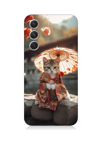 Samsung Galaxy A54 Uyumlu Geyşa Kıyafetli Kedi Desenli Silikon Kılıf