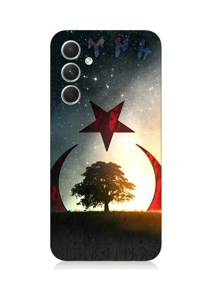 Samsung Galaxy A14 Uyumlu Göktürkçe Türk ve Ağaç Bayrak Desenli Silikon Kılıf