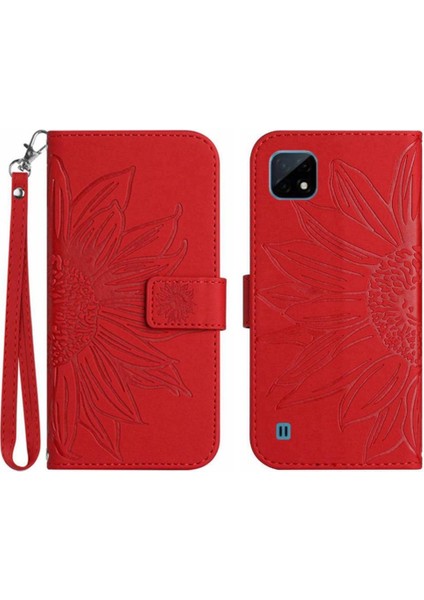 Realme C11 Kısa Kayış Lüks Pu Deri Kabartmalı Ayçiçeği Flip Için Kılıf (Yurt Dışından)