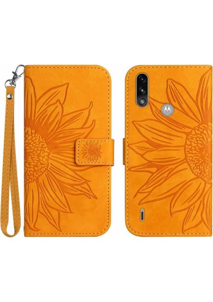 Motorola E7 Güç Kabartmalı Ayçiçeği Kısa Kayış Lüks Pu ile Kılıf (Yurt Dışından)