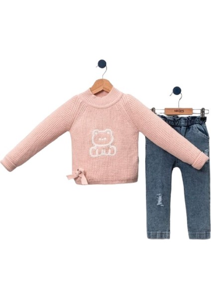 235849 Kız Bebek Lyo Ayılı Triko Kazaklı Yavruağzı Ikili Takım
