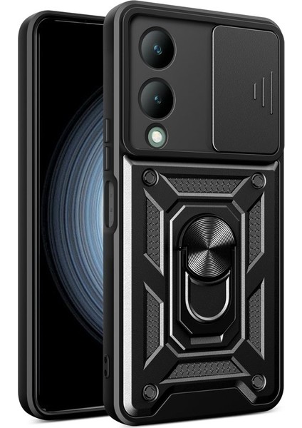Vivo Y17S Kılıf Yüzüklü Sürgülü Kamera Korumalı Pars Lens + Ekran Koruyucu