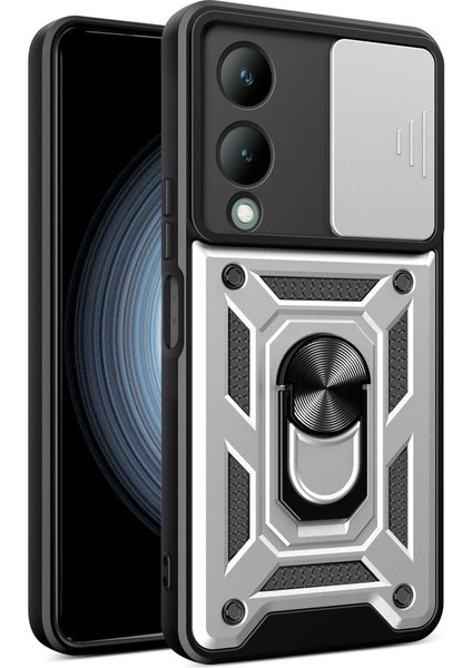 Vivo Y17S Kılıf Yüzüklü Sürgülü Kamera Korumalı Pars Lens + Ekran Koruyucu