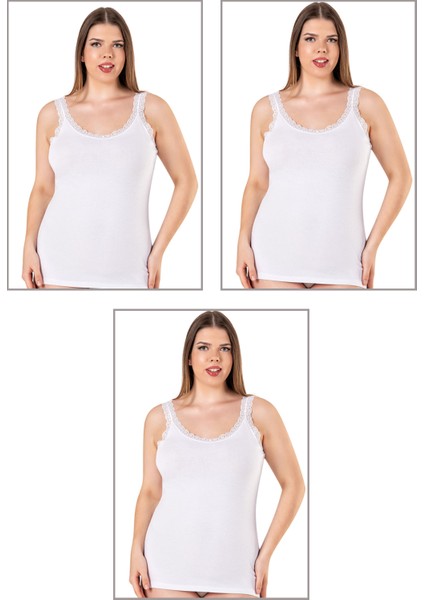 Özkan 26802 3'lü Paket Kadın Pamuklu Yakası Dantel Detaylı Kalın Askılı Esnek Rahat Büyük Beden Atlet