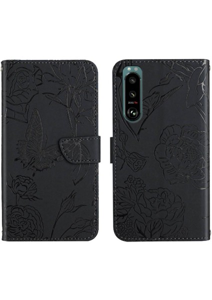 Sony Xperia 5 Iii Çiçekler ve Bilek Kayışı Pu ile Kelebekler Için Kılıf (Yurt Dışından)