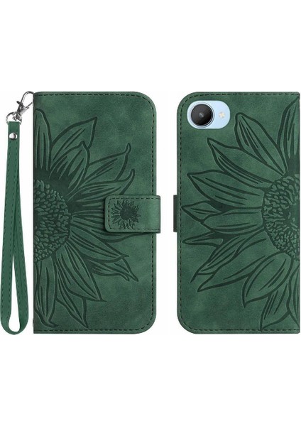 Realme C30 Flip Cüzdan Telefon Kılıfı Için Kılıf Kabartmalı Ayçiçeği Kısa Kayış (Yurt Dışından)