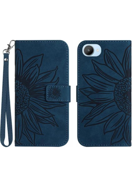 Realme C30 Flip Cüzdan Telefon Kılıfı Için Kılıf Kabartmalı Ayçiçeği Kısa Kayış (Yurt Dışından)