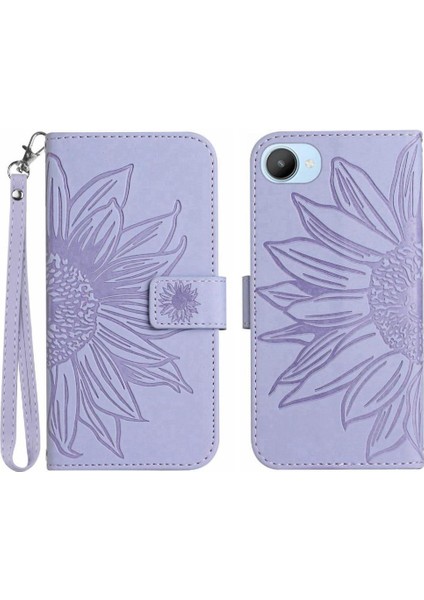 Realme C30 Flip Cüzdan Telefon Kılıfı Için Kılıf Kabartmalı Ayçiçeği Kısa Kayış (Yurt Dışından)
