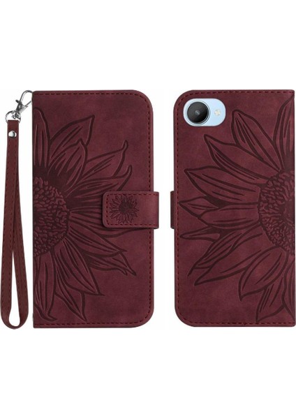 Realme C30 Flip Cüzdan Telefon Kılıfı Için Kılıf Kabartmalı Ayçiçeği Kısa Kayış (Yurt Dışından)