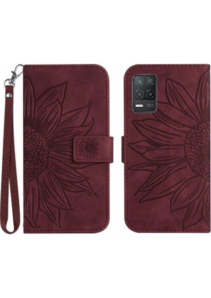 Kart Yuvaları Tutucu Kısa Kayış ile Realme 8 5g Kabartmalı Ayçiçeği Için Kılıf (Yurt Dışından)