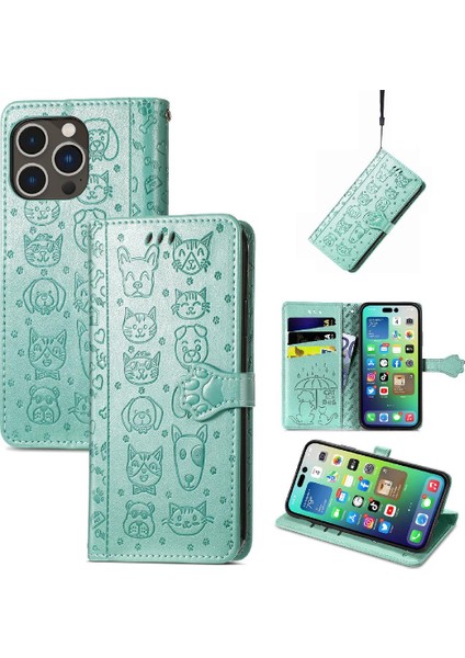 Iphone 14 Için Kılıf Promax Karikatür Hayvanlar Kısa Kayış Kapak Çevirin Deri (Yurt Dışından)