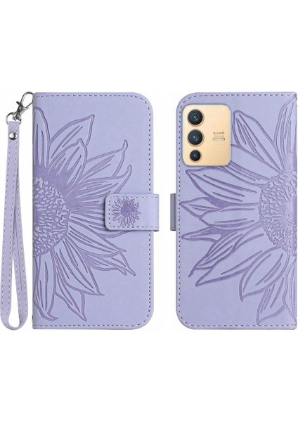 Kart Yuvaları Tutucu Flip Cüzdan ile Vivo V23 5g Kabartmalı Ayçiçeği Için Kılıf (Yurt Dışından)