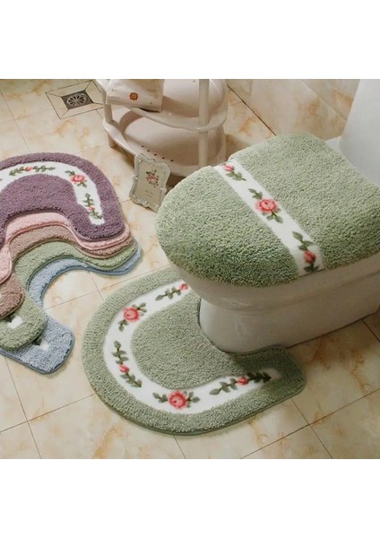 Yeşil Stil Ev Oturma Odası Banyo Tuvalet Paspas Seti Kaymaz Halılar Yatak Odası Baskı Halı Su Emme U Şekilli Tuvalet Halısı (Yurt Dışından)