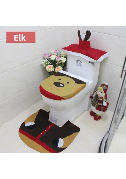 Kanada Geyiği Stili Wc Klozet Kapağı Noel Banyo Paspas Tuvalet Paspas Toilette Tapa Dekorasyon Noel Banyo Süslemeleri Üç Parçalı Set (Yurt Dışından)