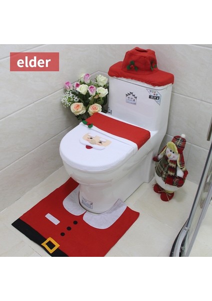 Kanada Geyiği Stili Wc Klozet Kapağı Noel Banyo Paspas Tuvalet Paspas Toilette Tapa Dekorasyon Noel Banyo Süslemeleri Üç Parçalı Set (Yurt Dışından)
