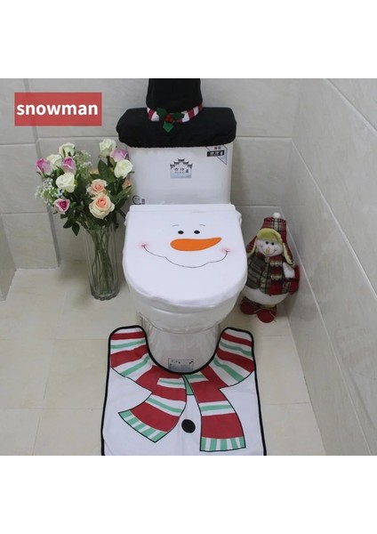Kanada Geyiği Stili Wc Klozet Kapağı Noel Banyo Paspas Tuvalet Paspas Toilette Tapa Dekorasyon Noel Banyo Süslemeleri Üç Parçalı Set (Yurt Dışından)