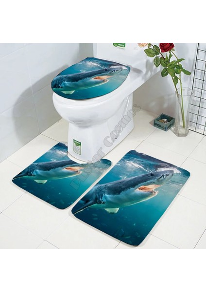No.3 Tarzı Köpekbalığı Üç Parçalı Set 3D Baskılı Banyo Ayaklı Halı Kapak Tuvalet Kapağı Banyo Paspas Seti 02 (Yurt Dışından)