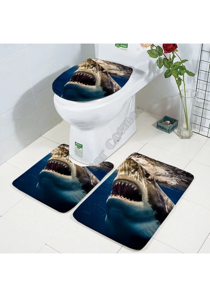 No.3 Tarzı Köpekbalığı Üç Parçalı Set 3D Baskılı Banyo Ayaklı Halı Kapak Tuvalet Kapağı Banyo Paspas Seti 02 (Yurt Dışından)