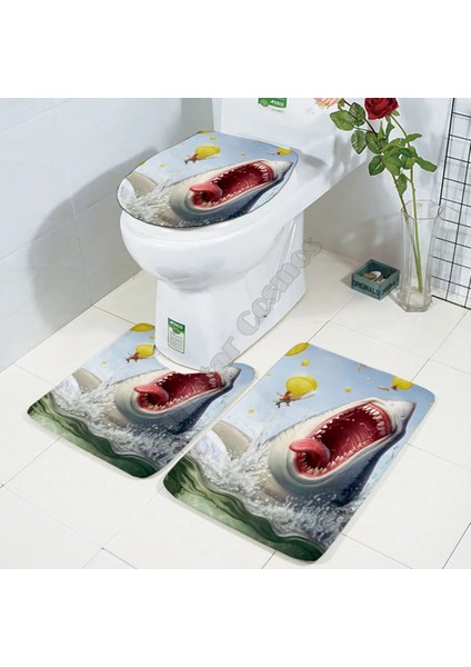 No.3 Tarzı Köpekbalığı Üç Parçalı Set 3D Baskılı Banyo Ayaklı Halı Kapak Tuvalet Kapağı Banyo Paspas Seti 02 (Yurt Dışından)