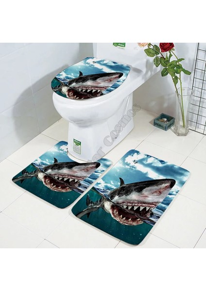 No.3 Tarzı Köpekbalığı Üç Parçalı Set 3D Baskılı Banyo Ayaklı Halı Kapak Tuvalet Kapağı Banyo Paspas Seti 02 (Yurt Dışından)