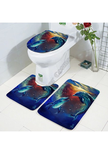 No.1 Stili Yunus Üç Parçalı Set 3D Baskılı Banyo Ayaklı Halı Kapak Tuvalet Kapağı Banyo Paspas Seti 2 (Yurt Dışından)