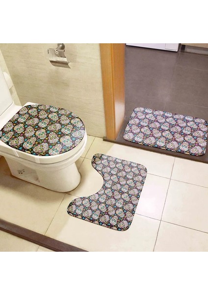 Stil4 Tarzı Yeni 3D Baskılı Tuvalet Zemin Matet Eğlenceli Uzaylı Kafatası Tuvalet Yatak Örtüsü Seti Banyo Dekor Kaymaz Emici Halı Flanel Halı (Yurt Dışından) fırsatları