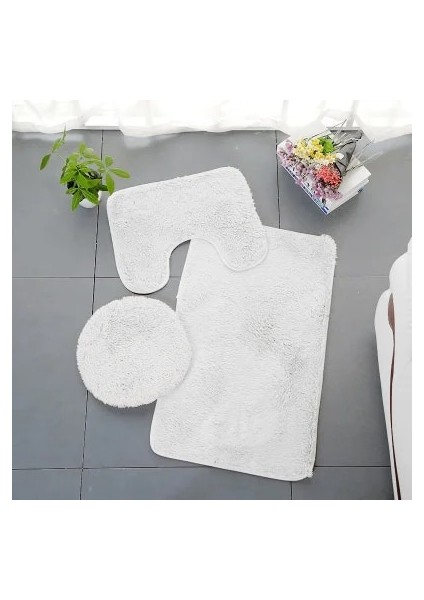 Beyaz Stil 3 Parça Banyo Halı Seti Düz Renk Kaymaz Banyo Paspasları Su Emme Tuvalet Kapağı Kapak Kat Mat Ev Için (Yurt Dışından)