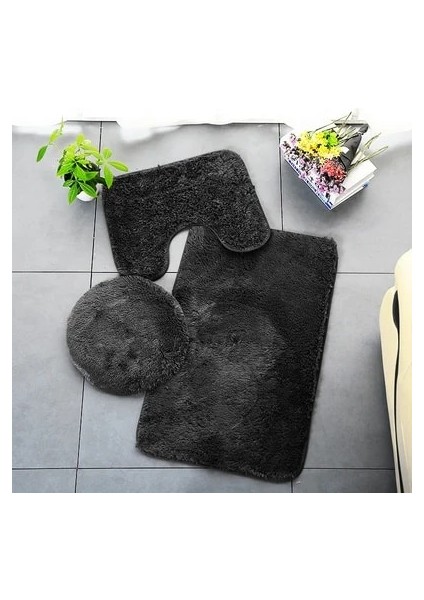 Siyah Stil 3 Parça Banyo Halı Seti Düz Renk Kaymaz Banyo Paspasları Su Emme Tuvalet Kapağı Kapak Kat Mat Ev Için (Yurt Dışından)