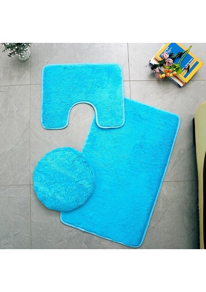 Mavi Stil 3 Parça Banyo Halı Seti Düz Renk Kaymaz Banyo Paspasları Su Emme Tuvalet Kapağı Kapak Kat Mat Ev Için (Yurt Dışından)