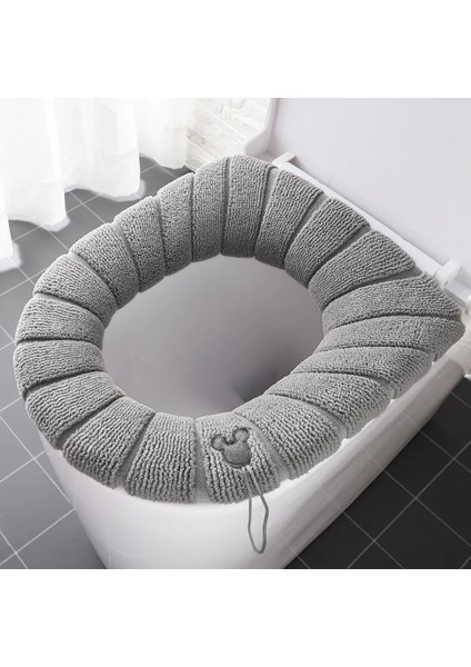 Gri Tarzı 1 Adet Kış Evrensel Sıcak Klozet Kapağı Yıkanabilir Banyo Aksesuarları Örme Düz Renk O-Şekilli Klozet Kapağı (Yurt Dışından)