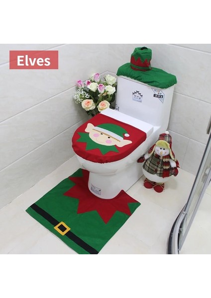 Elfler Tarzı Wc Klozet Kapağı Noel Banyo Paspas Tuvalet Paspas Toilette Tapa Dekorasyon Noel Banyo Süslemeleri Üç Parçalı Set (Yurt Dışından)
