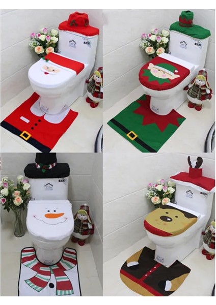 Elfler Tarzı Wc Klozet Kapağı Noel Banyo Paspas Tuvalet Paspas Toilette Tapa Dekorasyon Noel Banyo Süslemeleri Üç Parçalı Set (Yurt Dışından)