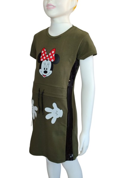 Minnie Mouse Baskılı Payet Işlemeli Yazlık Penye Elbise