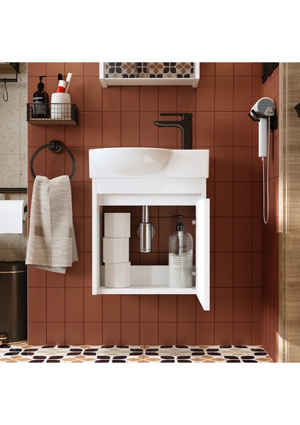 Ayaksız Tek Kapaklı Sağ Lavabolu 46 cm Leo Banyo Alt Dolabı