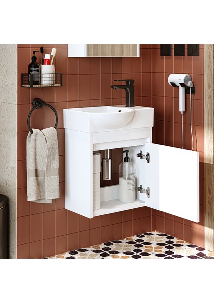 Ayaksız Tek Kapaklı Sağ Lavabolu 46 cm Leo Banyo Alt Dolabı