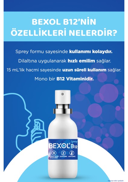 Bexol B12  Dilaltı Sprey, 15 Ml B12 Vitamini Içeren Takviye Edici Gıda