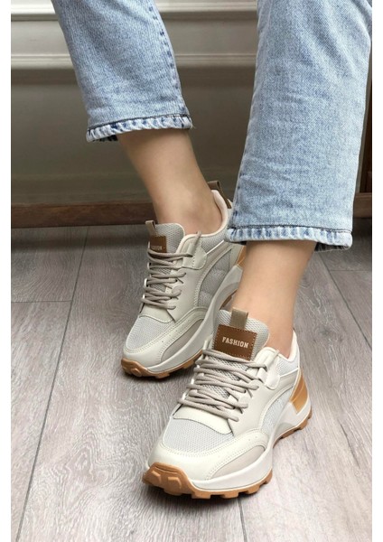 Çiğdem Kadın Hava Alabilen Kalın Taban Spor Ayakkabı - Bej-Taba - 39 indirimleri