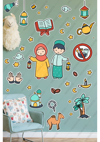Elinde Fener Tutan Çocuklar Ramazan Sticker Seti - Ramazan Ayı Temalı Cam Duvar Süsleri Çocuk Odası