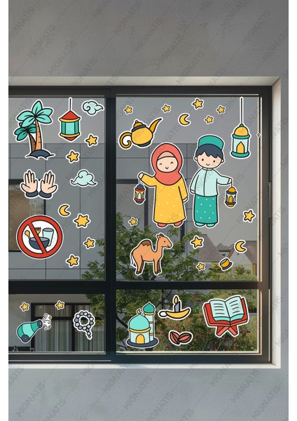 Elinde Fener Tutan Çocuklar Ramazan Sticker Seti - Ramazan Ayı Temalı Cam Duvar Süsleri Çocuk Odası fırsatları